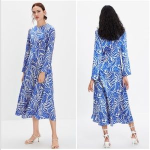 Zara Satin Blue Tan Long Sleeve Midi Dress Size XS